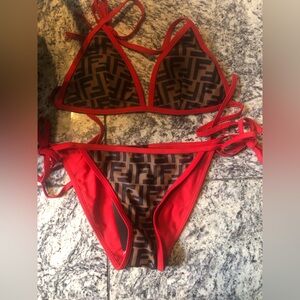 Red Triangle Bikini Set with Brown Geometric Lining. Size Small